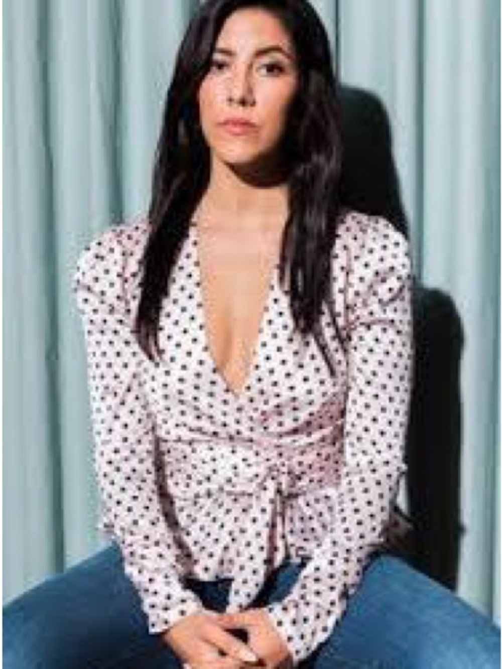 Ronny Kobo NWT Annabelle Pink Black Polka Dot Peplum Wrap Blouse Sz small